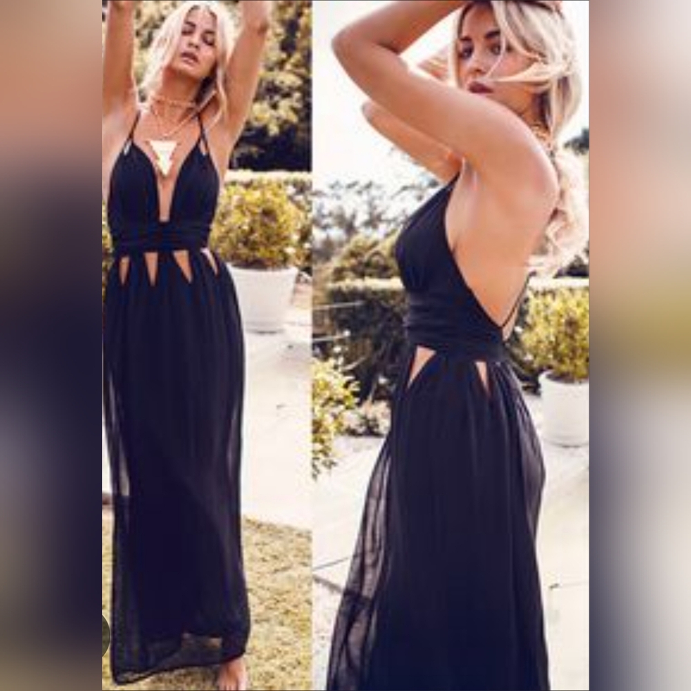 Sabo Chiffon Sheer Plunge Neckline Cut Out Ruched Black Tie Cocktail Dress